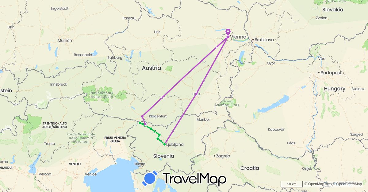 TravelMap itinerary: driving, bus, train in Austria, Slovenia (Europe)